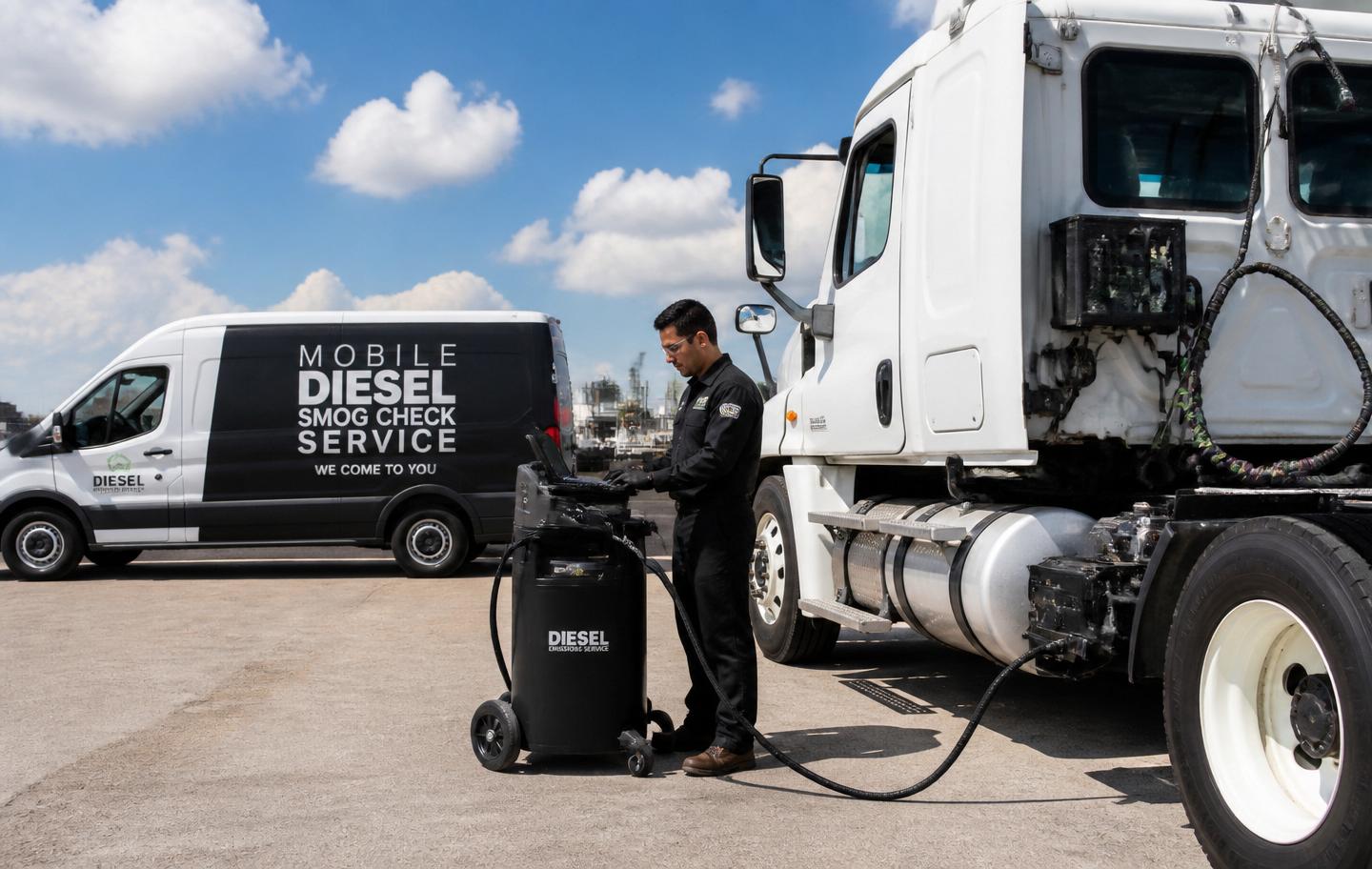 Mobile CARB Clean Truck Check technician performing OBD2 testing on a diesel truck at the customer's location